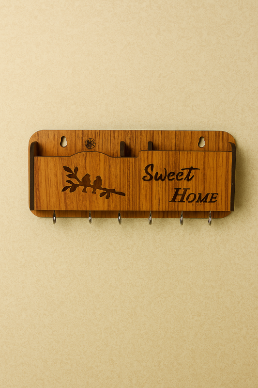 Wooden Wall Mounted Key Holder with Sweet Home Design – Decorative Key Organizer Rack with 5 Hooks
