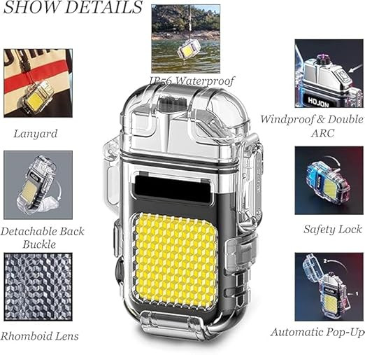 Electric Dual Lighter Rechargeable Lighter 3 Modes of Flashlight Plasma Windproof Lighters Waterproof with Survival Emergency Whistle and Lanyard for Candle Outdoor Camping (White)